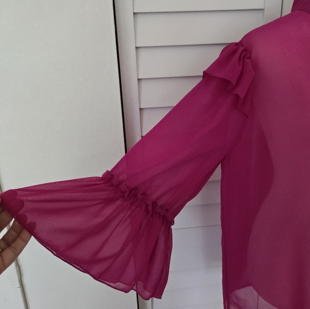 V Cristina Women's Sheer Mgenta Ruffle Blouse Size M - Picture 6 of 13